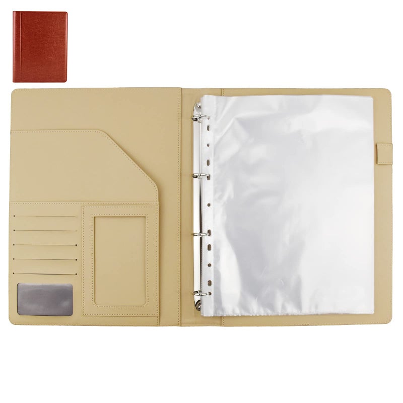 Enyuwlcm PU Leather Padfolio Ring Binder with Clipboard Resume Leather Portfolio with 20 Clear Plastic Sleeves Brown